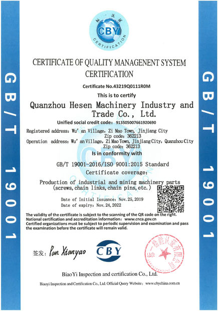 Chine Quanzhou Hesen Machinery Industry Co., Ltd. Certifications